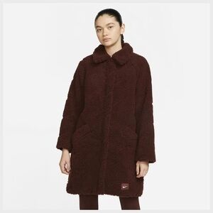 NWOT Nike Icon Clash Swoosh Sherpa Brown Burgundy Relaxed Fit Long Jacket Sz S